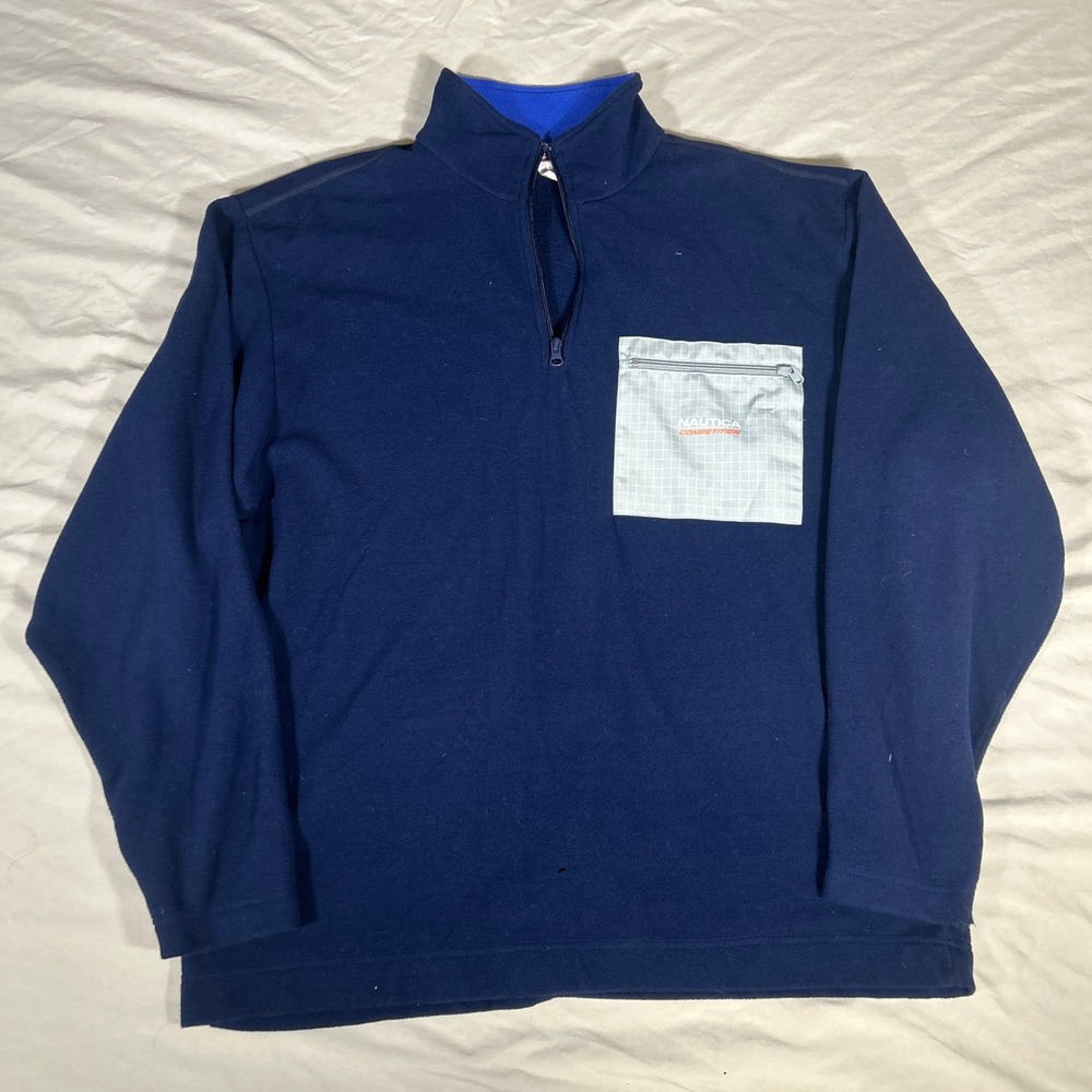 Vintage Nautica Competition Mens Navy Blue Fleece Quarter Zip Pullover Large